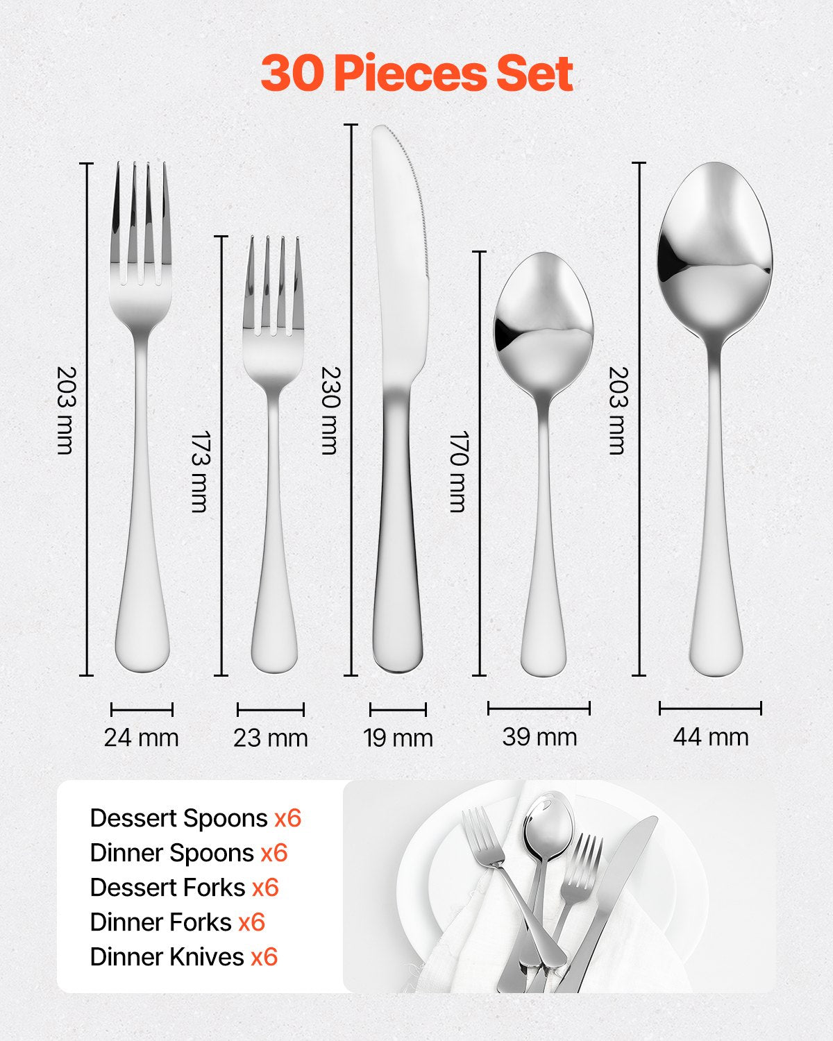 VEVOR 30-Piece Cutlery Set for 6 People, Stainless Steel
