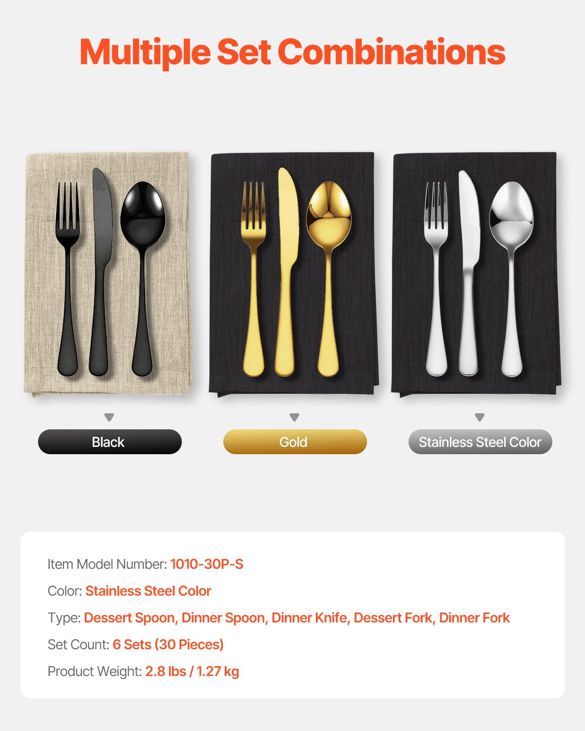 VEVOR 30-Piece Cutlery Set for 6 People, Stainless Steel