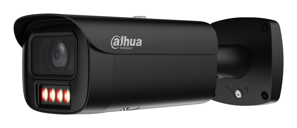 Dahua 4 MP outdoor bullet IP camera, 2.7–12 mm, 115–47°, motorised zoom, Smart Dual Light, IR and warm white light, WizMind, SMD, human and vehicle detection, people counting, microphone, microSD up to 1 TB, ePoE, IP67, IK10, black