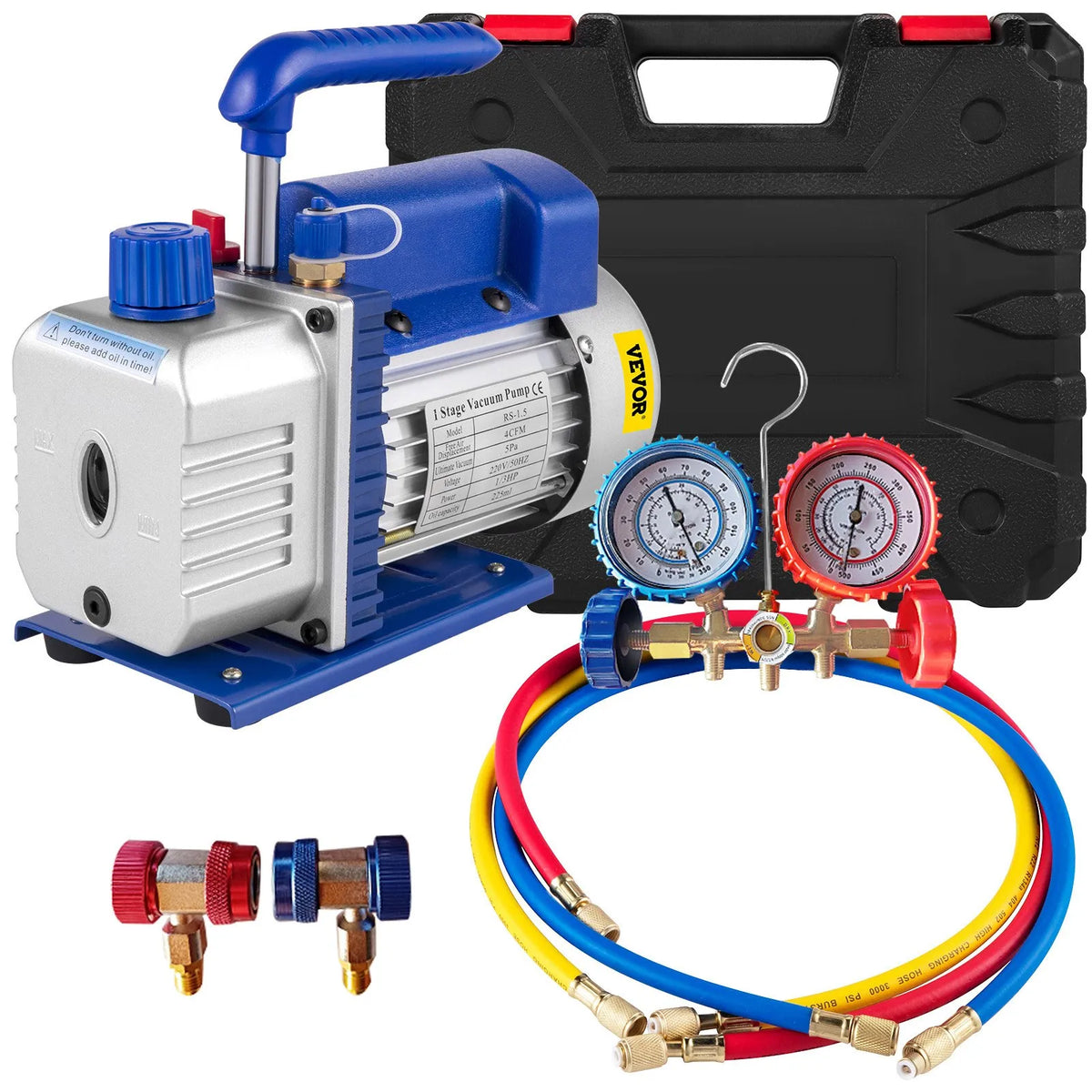 VEVOR Vacuum Pump for HVAC and Refrigeration Systems, 6.8 m³/h, 0.19 kW Power, AC Gauge Set with R134a Connection