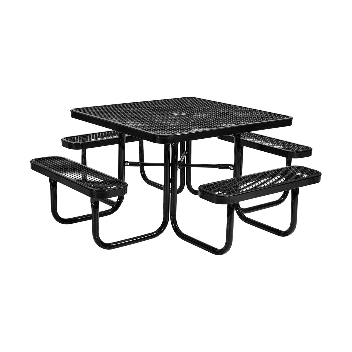 VEVOR Outdoor Picnic Table with Benches, 116 cm Square Steel Table with Umbrella Hole, Weather-Resistant Garden and Patio Furniture Set, Black