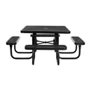 VEVOR āra piknika galds ar soliņiem, 116 cm kvadrātveida tērauda galds ar caurumu saulessargam, laikapstākļu izturīgs dārza un terases mēbeļu komplekts, melns
