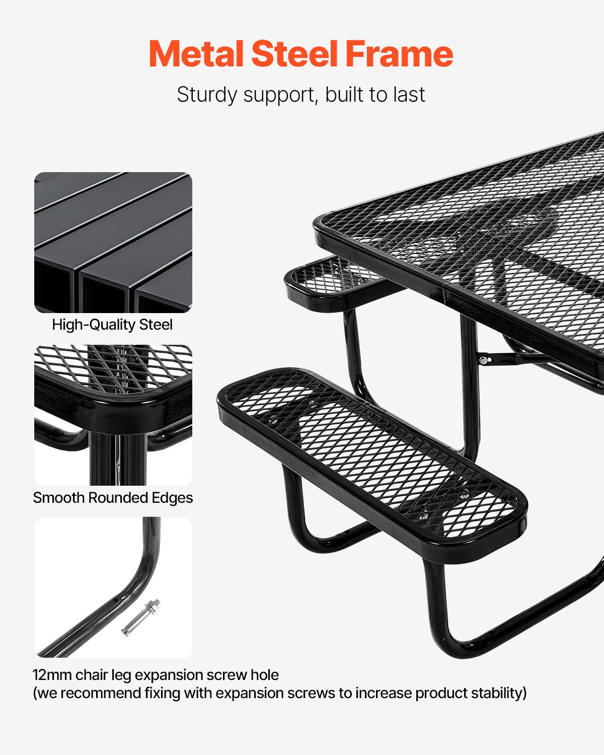 VEVOR Outdoor Picnic Table with Benches, 116 cm Square Steel Table with Umbrella Hole, Weather-Resistant Garden and Patio Furniture Set, Black