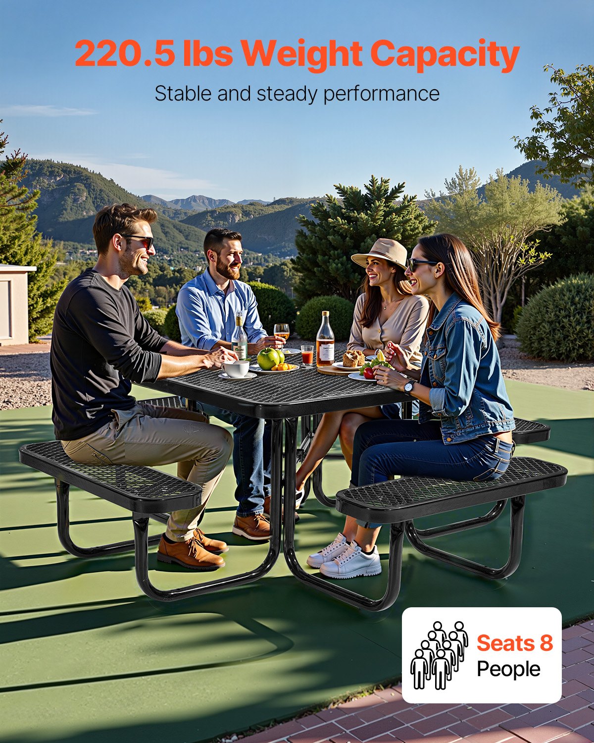 VEVOR Outdoor Picnic Table with Benches, 116 cm Square Steel Table with Umbrella Hole, Weather-Resistant Garden and Patio Furniture Set, Black