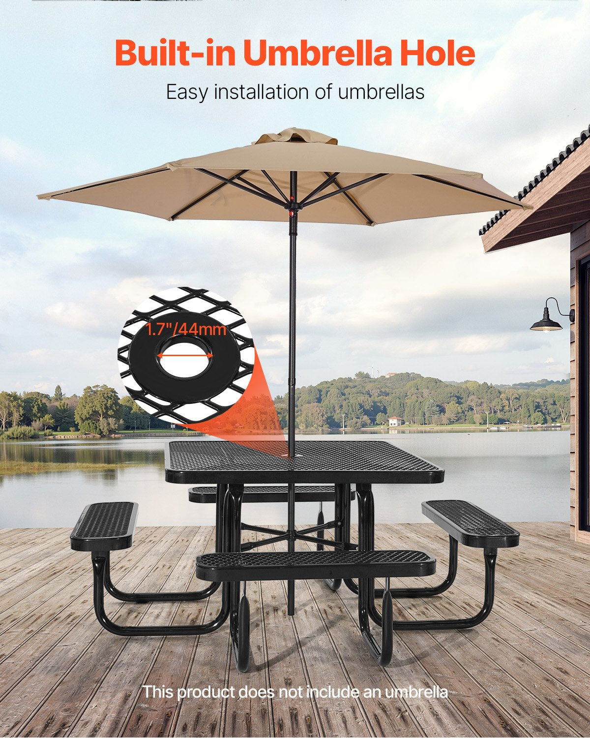 VEVOR Outdoor Picnic Table with Benches, 116 cm Square Steel Table with Umbrella Hole, Weather-Resistant Garden and Patio Furniture Set, Black