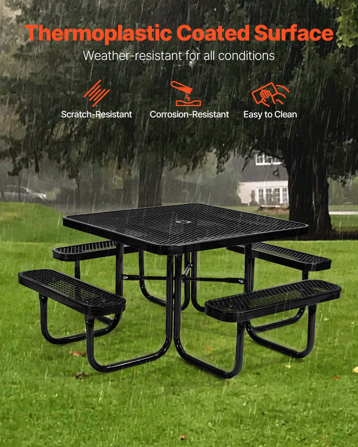 VEVOR Outdoor Picnic Table with Benches, 116 cm Square Steel Table with Umbrella Hole, Weather-Resistant Garden and Patio Furniture Set, Black