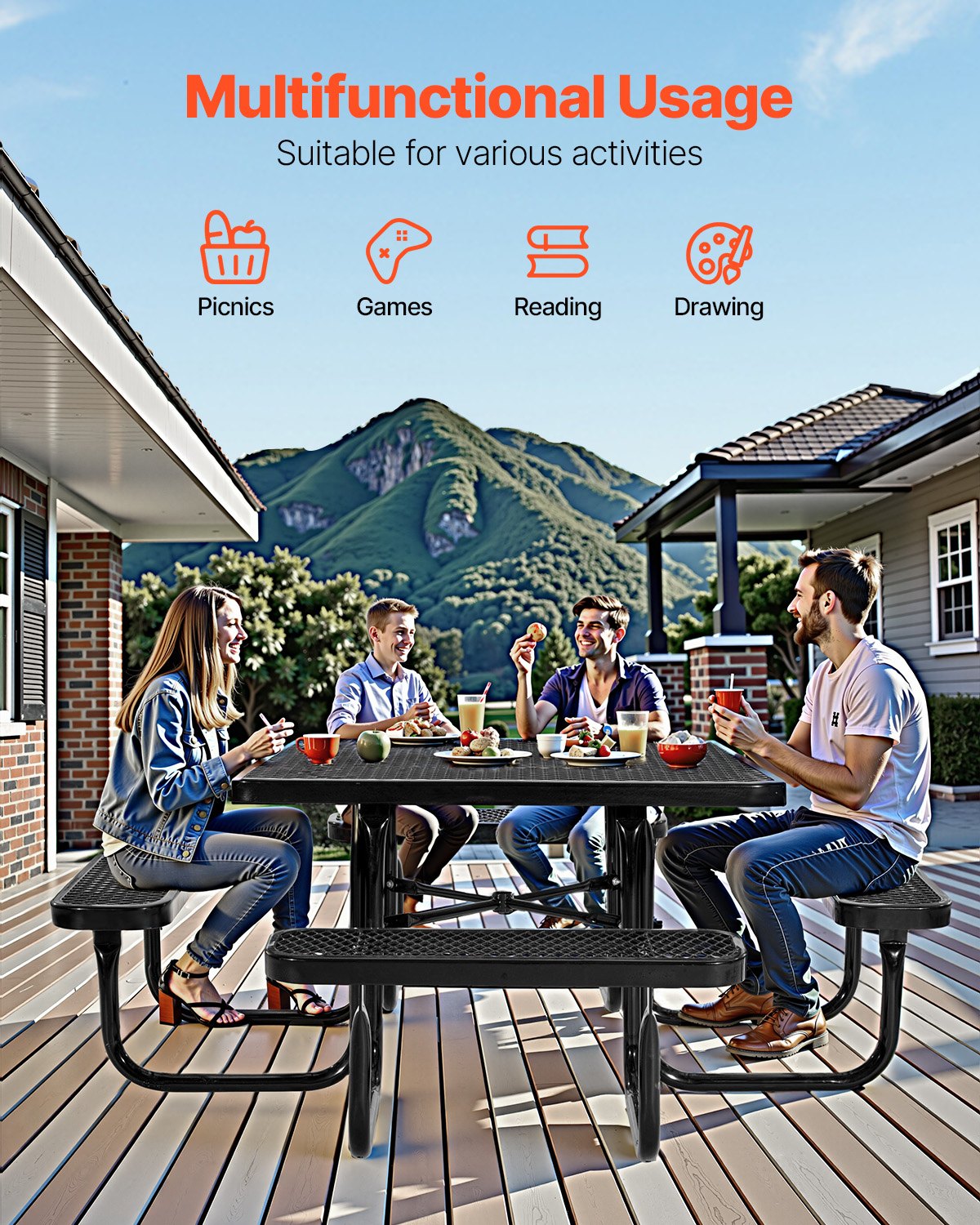 VEVOR Outdoor Picnic Table with Benches, 116 cm Square Steel Table with Umbrella Hole, Weather-Resistant Garden and Patio Furniture Set, Black