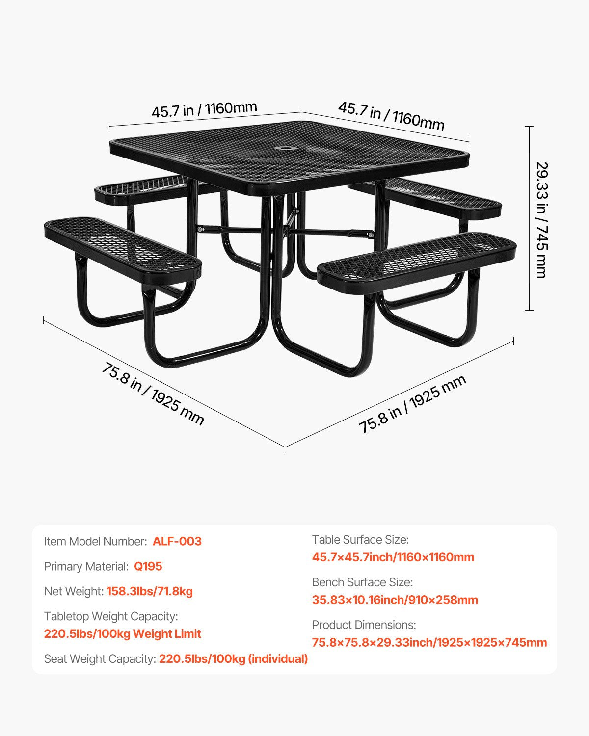 VEVOR Outdoor Picnic Table with Benches, 116 cm Square Steel Table with Umbrella Hole, Weather-Resistant Garden and Patio Furniture Set, Black