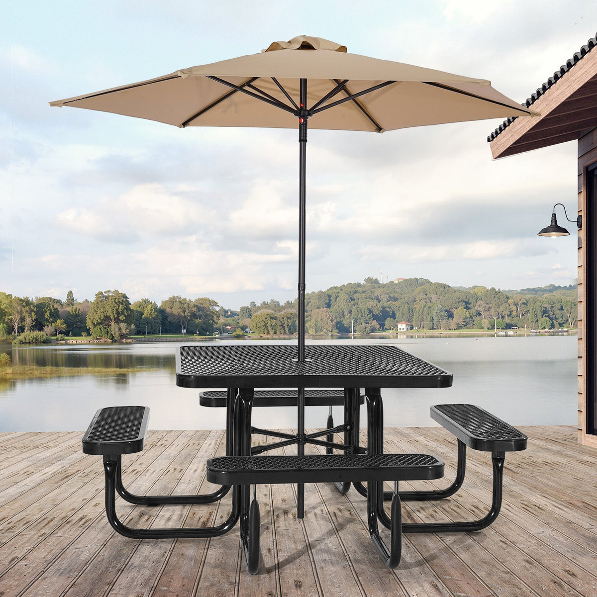 VEVOR Outdoor Picnic Table with Benches, 116 cm Square Steel Table with Umbrella Hole, Weather-Resistant Garden and Patio Furniture Set, Black