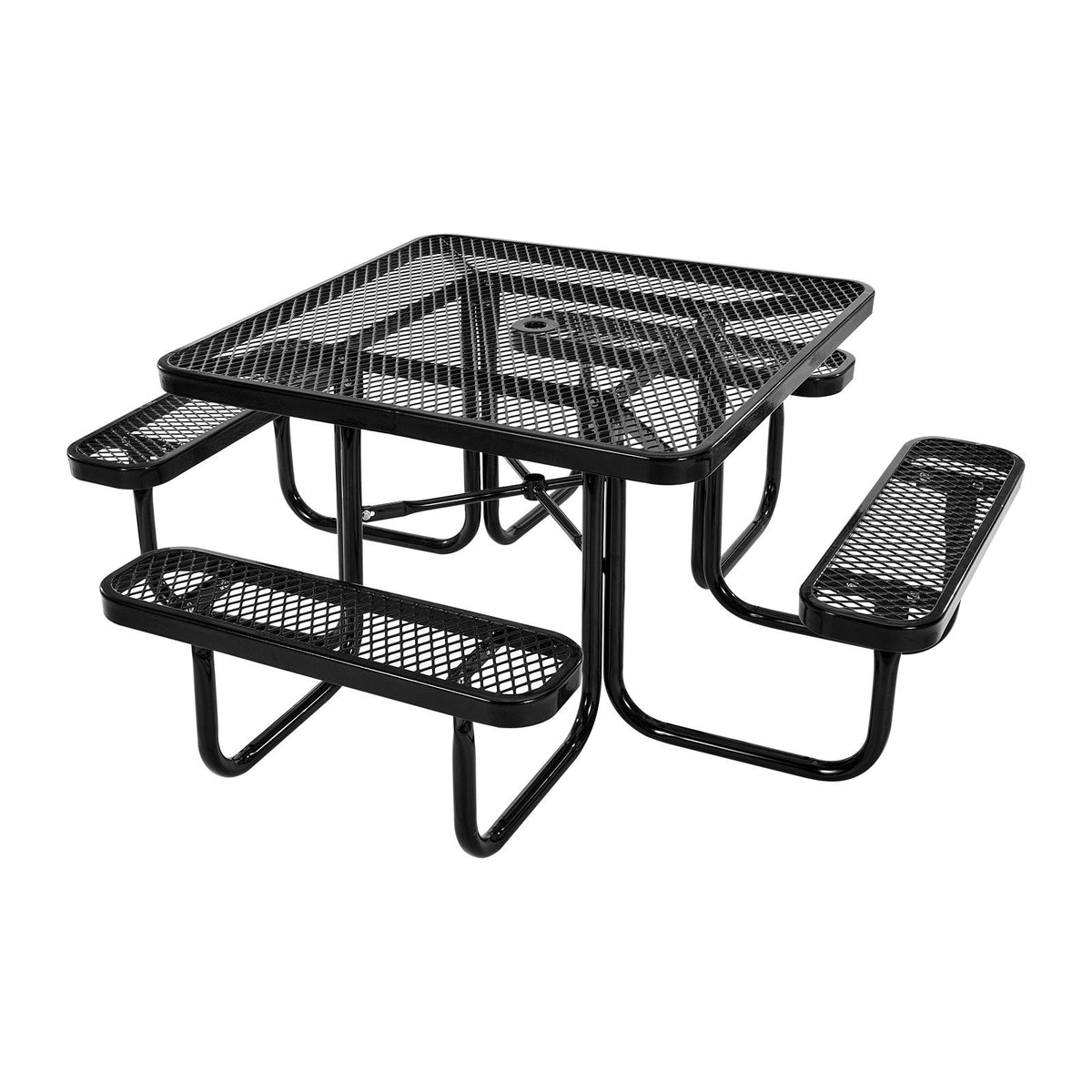 VEVOR Outdoor Picnic Table with Benches, 116 cm Square Steel Table with Umbrella Hole, Weather-Resistant Garden and Patio Furniture Set, Black