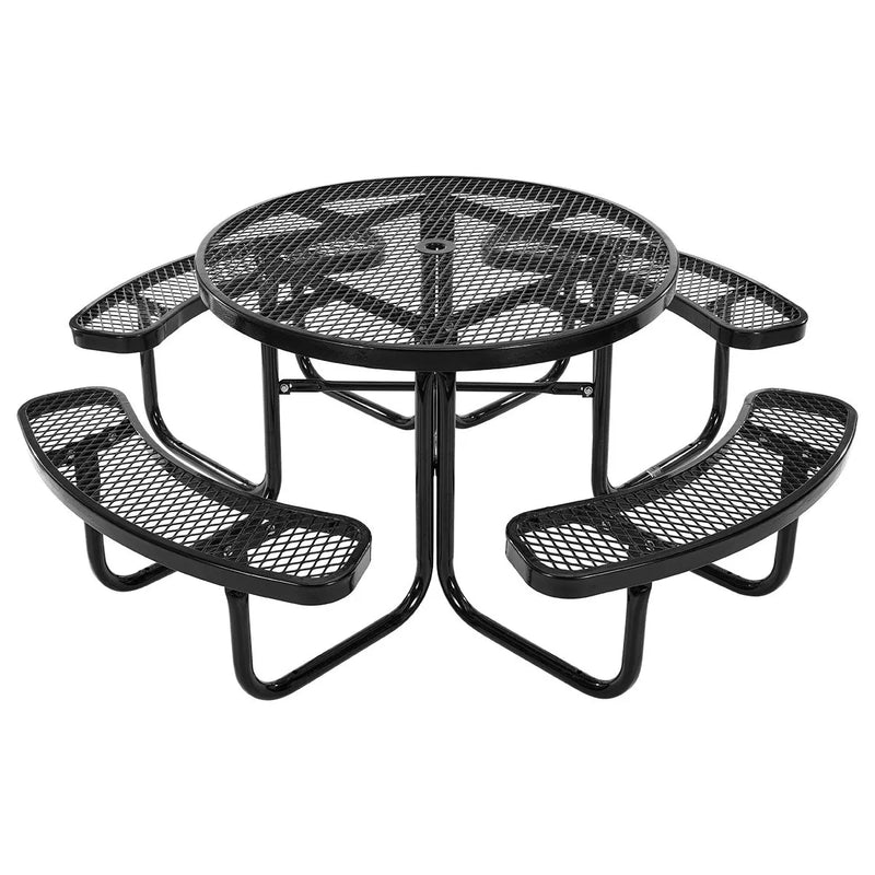 VEVOR smagās klases piknika galds, āra mēbeļu komplekts, laikapstākļiem izturīgs terases ēdamzonas komplekts ar tērauda pārklājumu, 116 cm apaļš galds ar soliem un saulessarga atveri, dārzam, pagalmam un terasei (melns)