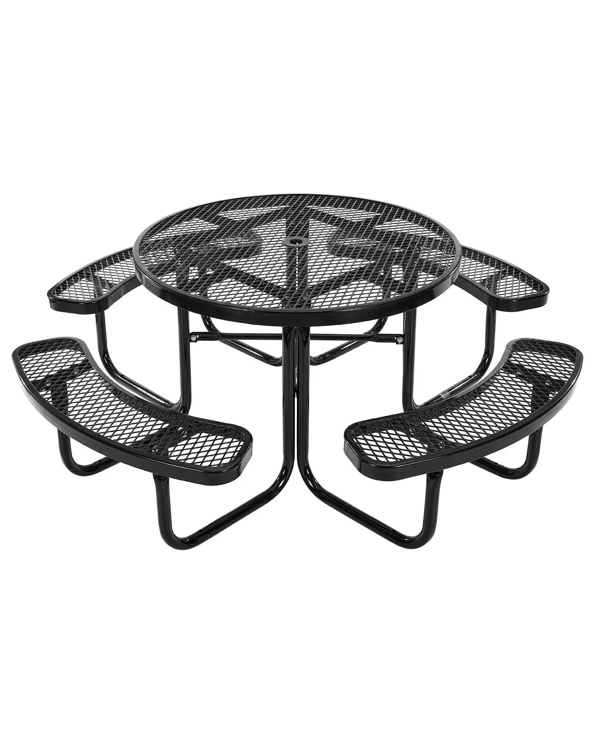 VEVOR Heavy-Duty Picnic Table, Outdoor Furniture Set, Weather-Resistant Patio Dining Set with Steel Frame, 116 cm Round Table with Benches and Umbrella Hole, for Garden, Yard and Terrace (Black)
