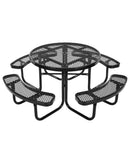 VEVOR smagās klases piknika galds, āra mēbeļu komplekts, laikapstākļiem izturīgs terases ēdamzonas komplekts ar tērauda pārklājumu, 116 cm apaļš galds ar soliem un saulessarga atveri, dārzam, pagalmam un terasei (melns)