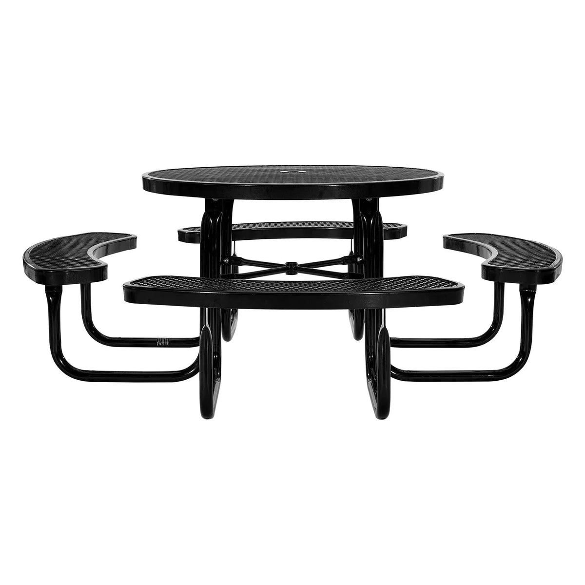 VEVOR Heavy-Duty Picnic Table, Outdoor Furniture Set, Weather-Resistant Patio Dining Set with Steel Frame, 116 cm Round Table with Benches and Umbrella Hole, for Garden, Yard and Terrace (Black)