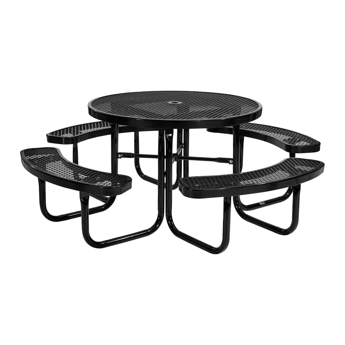 VEVOR Heavy-Duty Picnic Table, Outdoor Furniture Set, Weather-Resistant Patio Dining Set with Steel Frame, 116 cm Round Table with Benches and Umbrella Hole, for Garden, Yard and Terrace (Black)