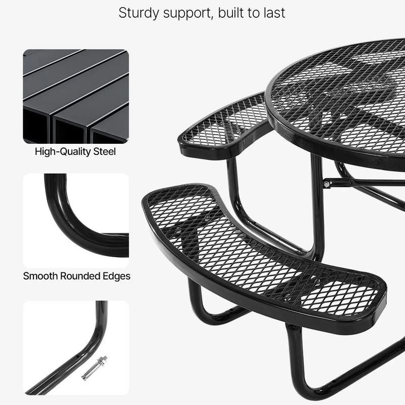 VEVOR smagās klases piknika galds, āra mēbeļu komplekts, laikapstākļiem izturīgs terases ēdamzonas komplekts ar tērauda pārklājumu, 116 cm apaļš galds ar soliem un saulessarga atveri, dārzam, pagalmam un terasei (melns)