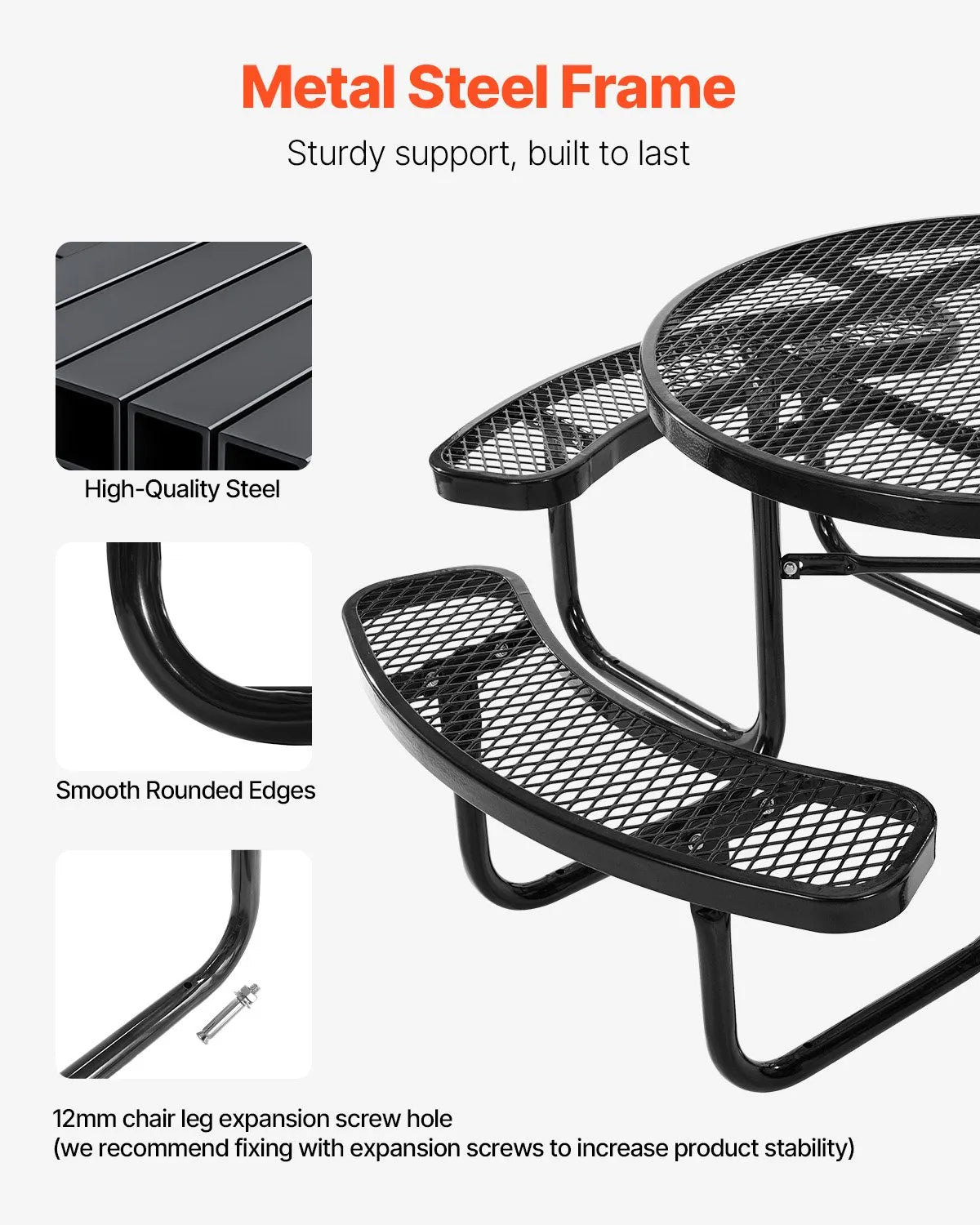 VEVOR Heavy-Duty Picnic Table, Outdoor Furniture Set, Weather-Resistant Patio Dining Set with Steel Frame, 116 cm Round Table with Benches and Umbrella Hole, for Garden, Yard and Terrace (Black)