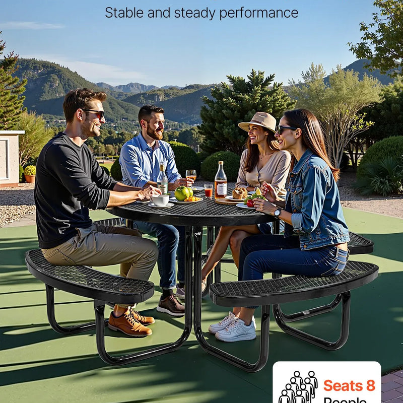 VEVOR smagās klases piknika galds, āra mēbeļu komplekts, laikapstākļiem izturīgs terases ēdamzonas komplekts ar tērauda pārklājumu, 116 cm apaļš galds ar soliem un saulessarga atveri, dārzam, pagalmam un terasei (melns)