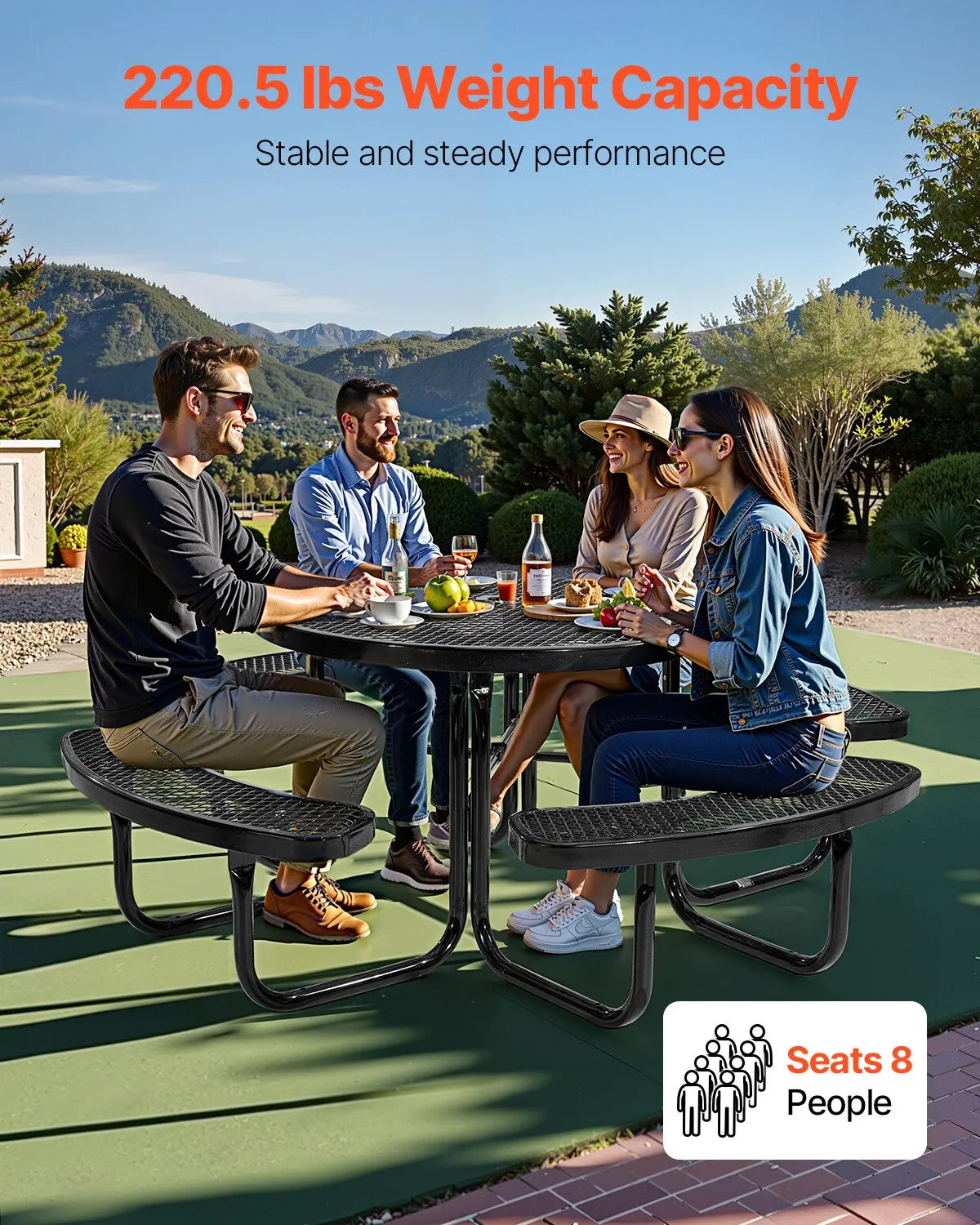 VEVOR Heavy-Duty Picnic Table, Outdoor Furniture Set, Weather-Resistant Patio Dining Set with Steel Frame, 116 cm Round Table with Benches and Umbrella Hole, for Garden, Yard and Terrace (Black)
