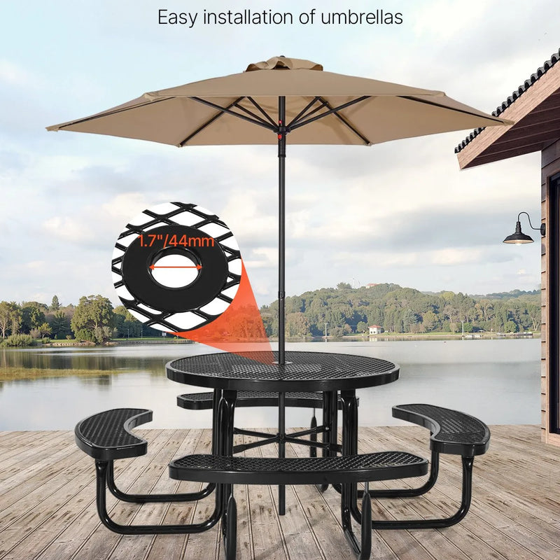 VEVOR smagās klases piknika galds, āra mēbeļu komplekts, laikapstākļiem izturīgs terases ēdamzonas komplekts ar tērauda pārklājumu, 116 cm apaļš galds ar soliem un saulessarga atveri, dārzam, pagalmam un terasei (melns)