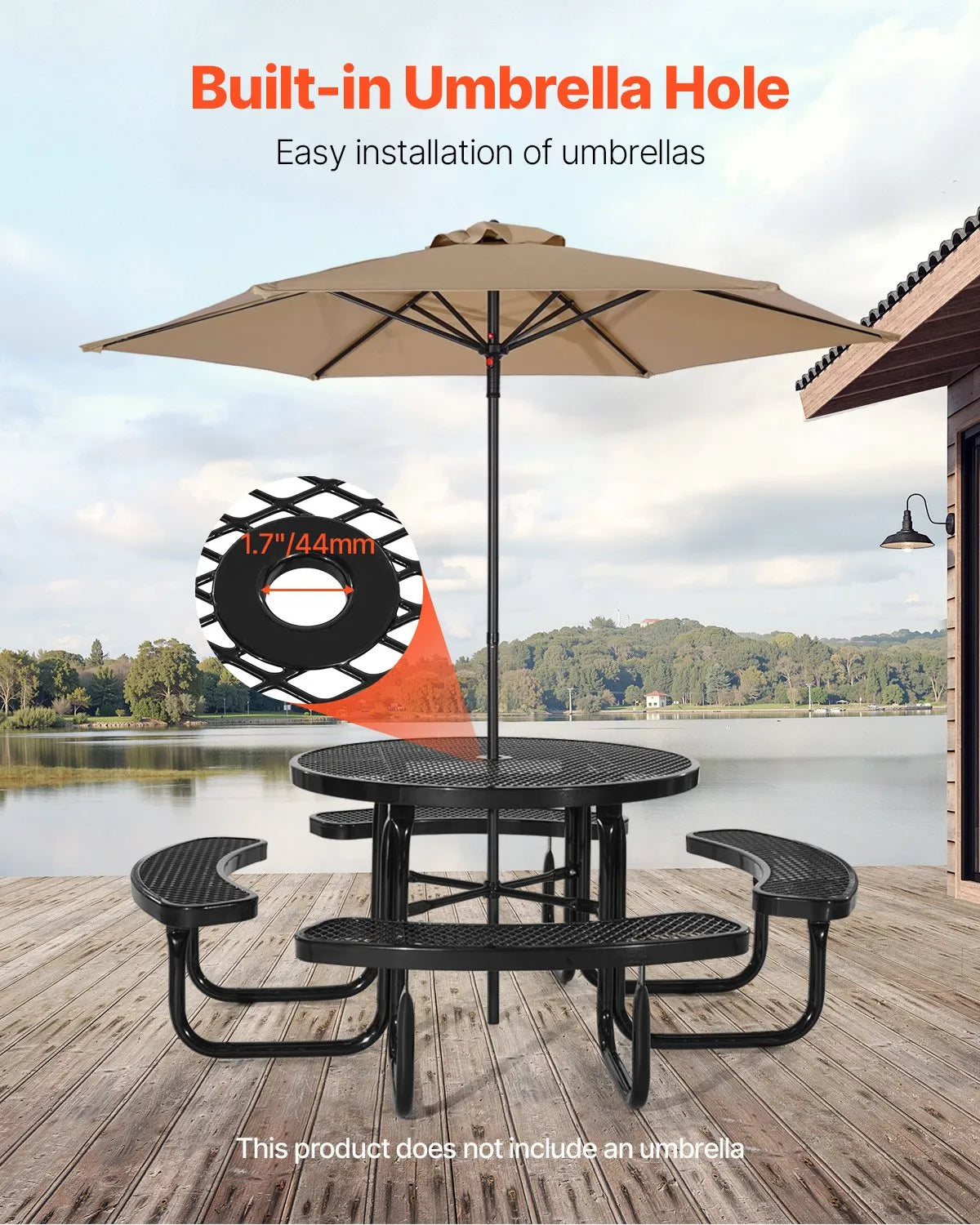 VEVOR Heavy-Duty Picnic Table, Outdoor Furniture Set, Weather-Resistant Patio Dining Set with Steel Frame, 116 cm Round Table with Benches and Umbrella Hole, for Garden, Yard and Terrace (Black)