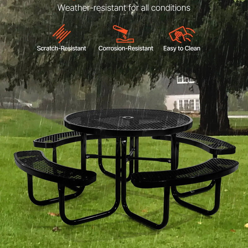 VEVOR smagās klases piknika galds, āra mēbeļu komplekts, laikapstākļiem izturīgs terases ēdamzonas komplekts ar tērauda pārklājumu, 116 cm apaļš galds ar soliem un saulessarga atveri, dārzam, pagalmam un terasei (melns)