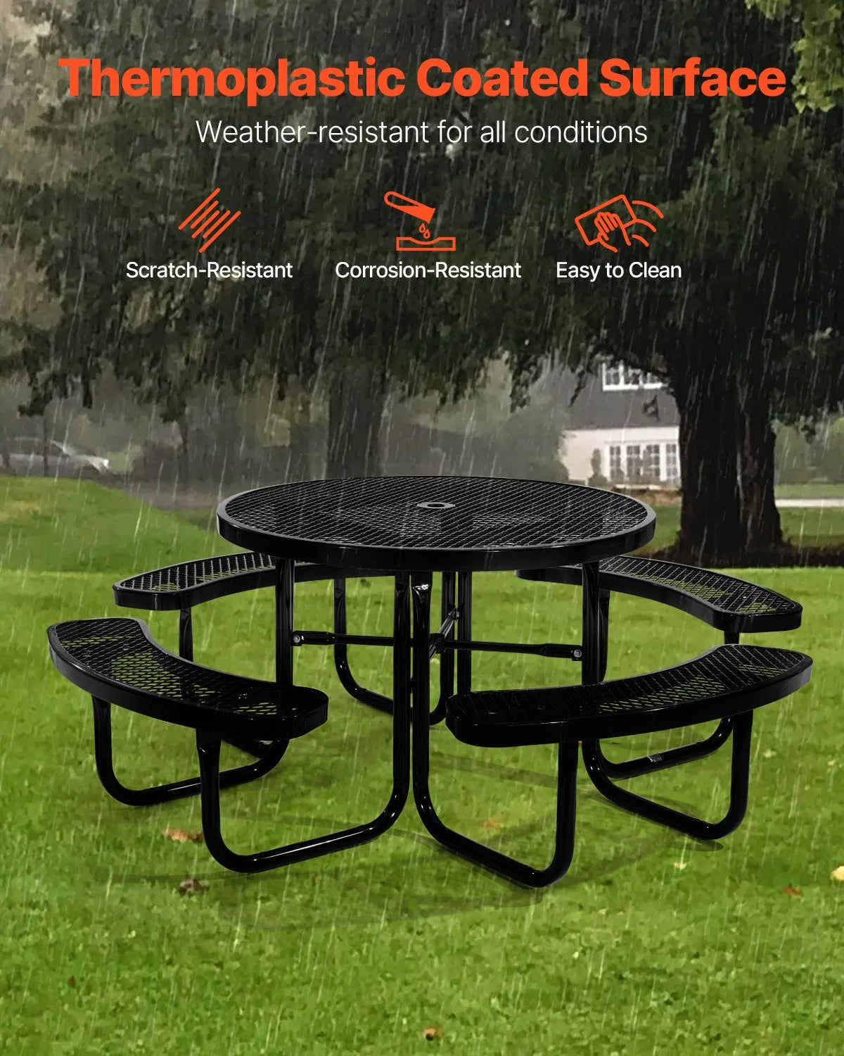 VEVOR Heavy-Duty Picnic Table, Outdoor Furniture Set, Weather-Resistant Patio Dining Set with Steel Frame, 116 cm Round Table with Benches and Umbrella Hole, for Garden, Yard and Terrace (Black)