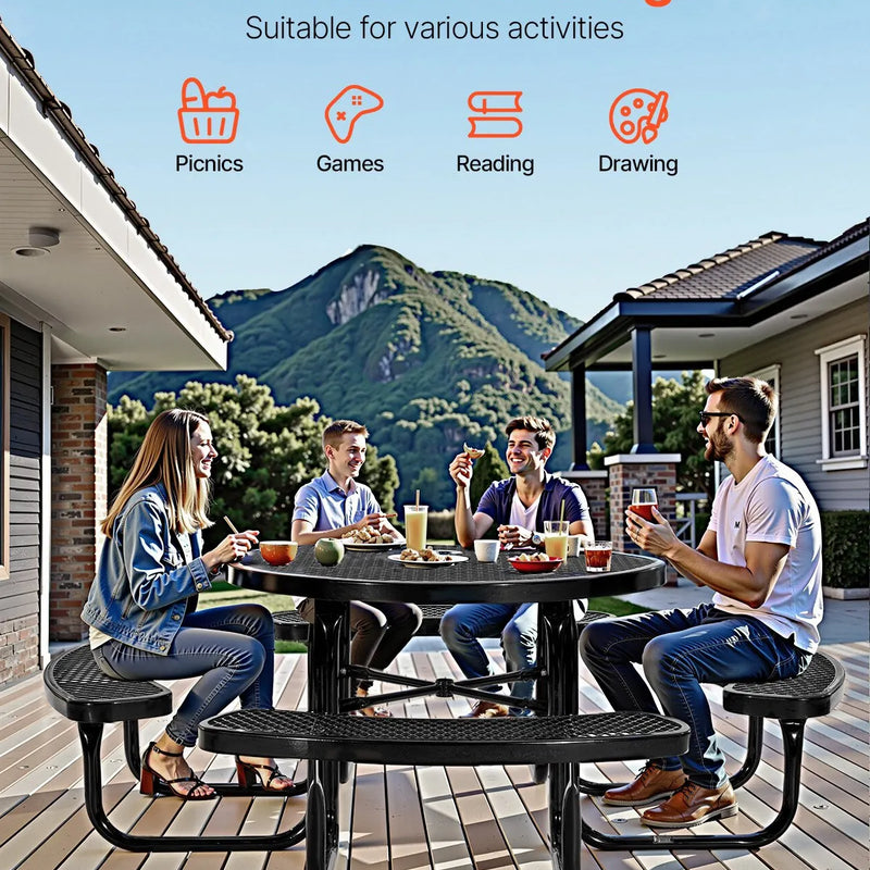 VEVOR smagās klases piknika galds, āra mēbeļu komplekts, laikapstākļiem izturīgs terases ēdamzonas komplekts ar tērauda pārklājumu, 116 cm apaļš galds ar soliem un saulessarga atveri, dārzam, pagalmam un terasei (melns)