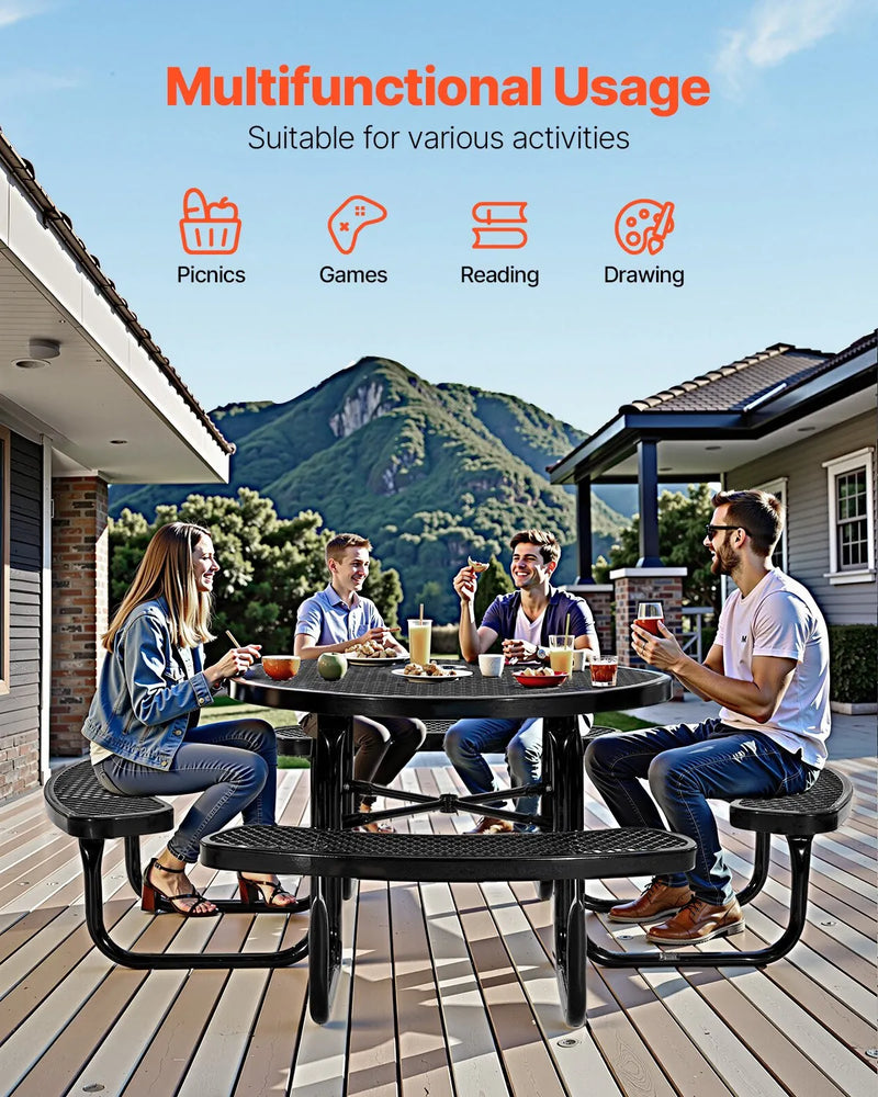 VEVOR smagās klases piknika galds, āra mēbeļu komplekts, laikapstākļiem izturīgs terases ēdamzonas komplekts ar tērauda pārklājumu, 116 cm apaļš galds ar soliem un saulessarga atveri, dārzam, pagalmam un terasei (melns)