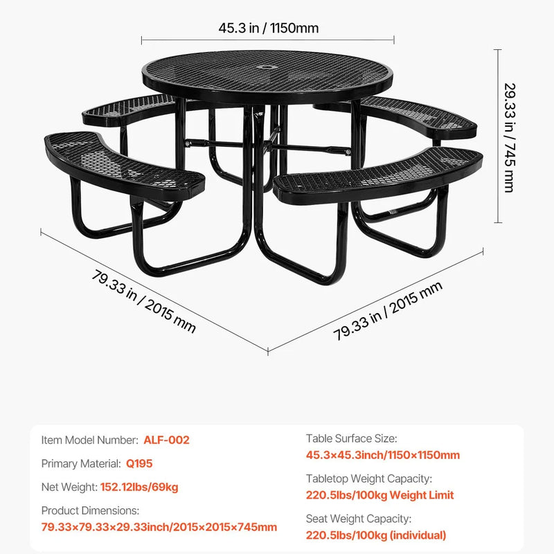 VEVOR smagās klases piknika galds, āra mēbeļu komplekts, laikapstākļiem izturīgs terases ēdamzonas komplekts ar tērauda pārklājumu, 116 cm apaļš galds ar soliem un saulessarga atveri, dārzam, pagalmam un terasei (melns)