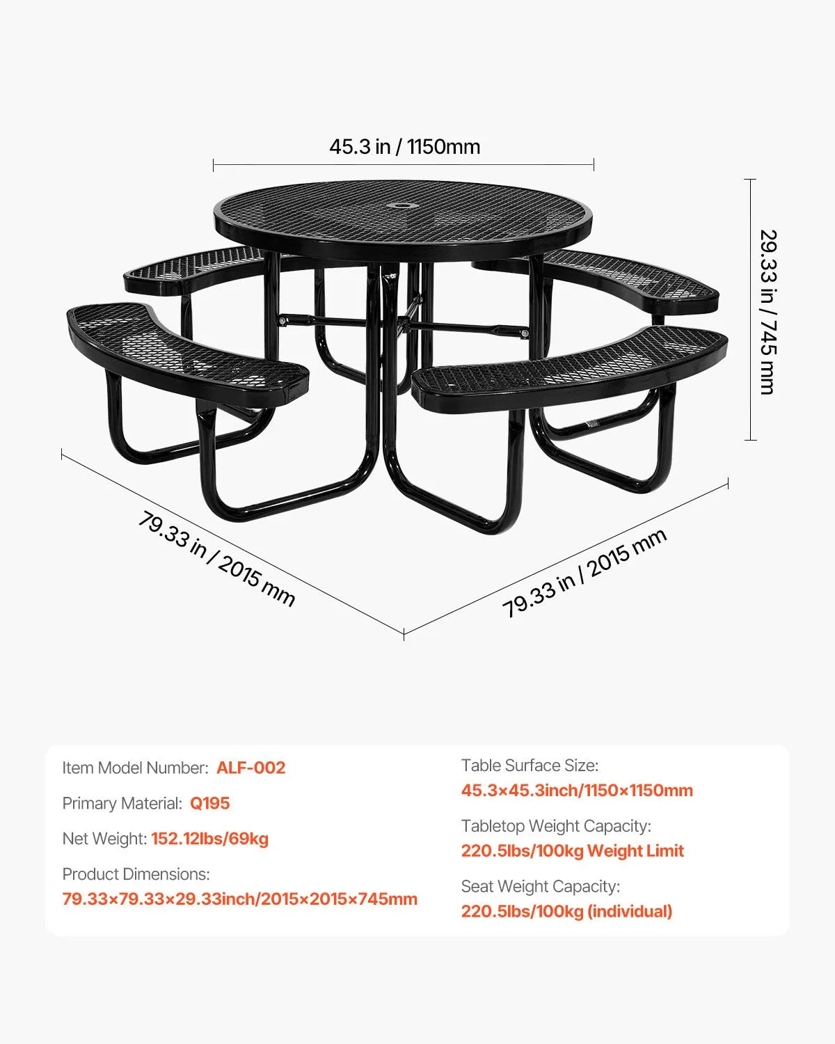 VEVOR Heavy-Duty Picnic Table, Outdoor Furniture Set, Weather-Resistant Patio Dining Set with Steel Frame, 116 cm Round Table with Benches and Umbrella Hole, for Garden, Yard and Terrace (Black)