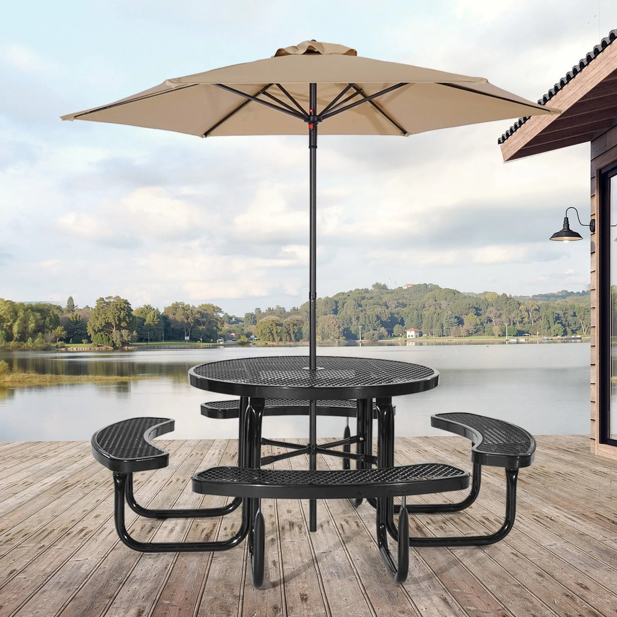 VEVOR Heavy-Duty Picnic Table, Outdoor Furniture Set, Weather-Resistant Patio Dining Set with Steel Frame, 116 cm Round Table with Benches and Umbrella Hole, for Garden, Yard and Terrace (Black)