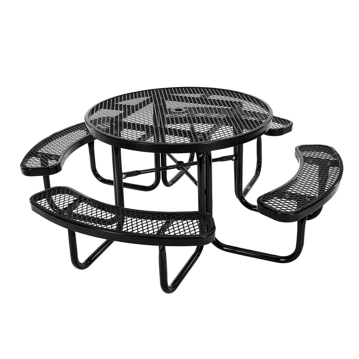 VEVOR Heavy-Duty Picnic Table, Outdoor Furniture Set, Weather-Resistant Patio Dining Set with Steel Frame, 116 cm Round Table with Benches and Umbrella Hole, for Garden, Yard and Terrace (Black)