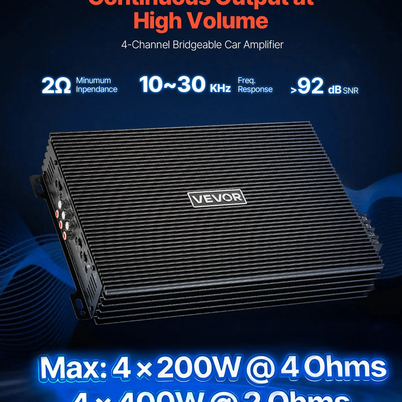 VEVOR automašīnas audio pastiprinātājs, 4 kanālu tiltojams auto pastiprinātājs, daudzkanālu Class AB stereo pastiprinātājs ar maksimālo jaudu 4 × 200 W pie 4 Ω / 4 × 400 W pie 2 Ω, augstas jaudas pastiprinātājs SUV, pikapiem un bezceļu transportlīdzekļiem - ZEMLETES.LV