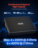 VEVOR automašīnas audio pastiprinātājs, 4 kanālu tiltojams auto pastiprinātājs, daudzkanālu Class AB stereo pastiprinātājs ar maksimālo jaudu 4 × 200 W pie 4 Ω / 4 × 400 W pie 2 Ω, augstas jaudas pastiprinātājs SUV, pikapiem un bezceļu transportlīdzekļiem - ZEMLETES.LV