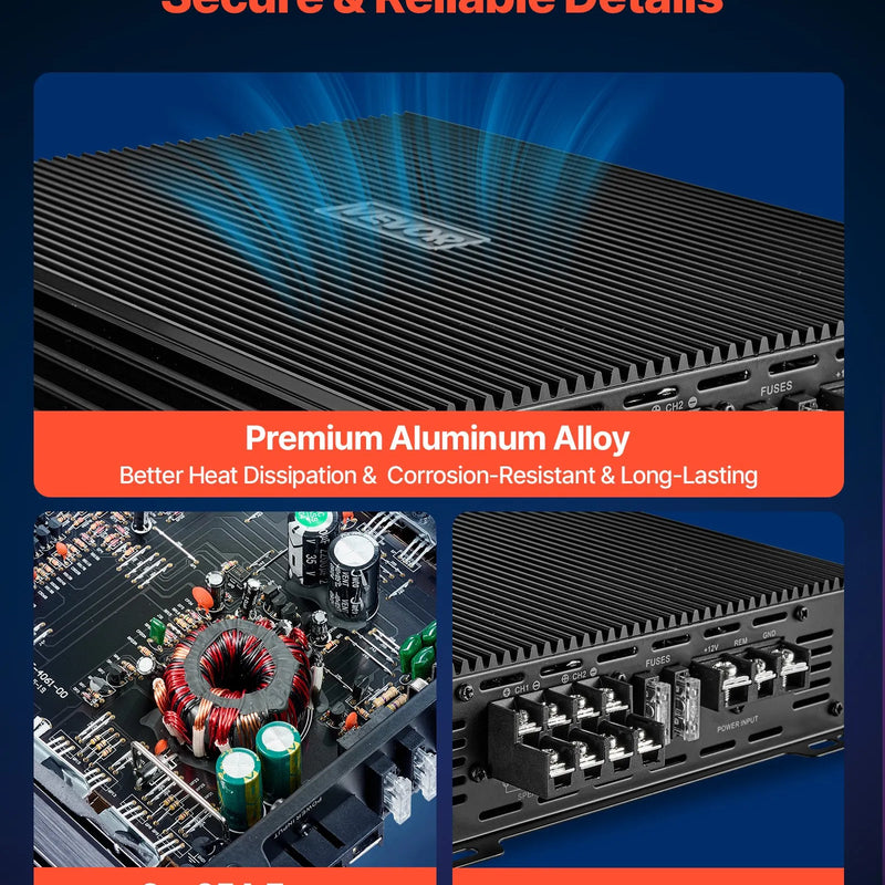 VEVOR automašīnas audio pastiprinātājs, 4 kanālu tiltojams auto pastiprinātājs, daudzkanālu Class AB stereo pastiprinātājs ar maksimālo jaudu 4 × 200 W pie 4 Ω / 4 × 400 W pie 2 Ω, augstas jaudas pastiprinātājs SUV, pikapiem un bezceļu transportlīdzekļiem - ZEMLETES.LV