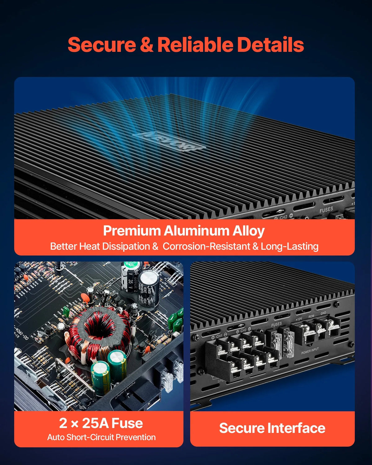 VEVOR automašīnas audio pastiprinātājs, 4 kanālu tiltojams auto pastiprinātājs, daudzkanālu Class AB stereo pastiprinātājs ar maksimālo jaudu 4 × 200 W pie 4 Ω / 4 × 400 W pie 2 Ω, augstas jaudas pastiprinātājs SUV, pikapiem un bezceļu transportlīdzekļiem - ZEMLETES.LV