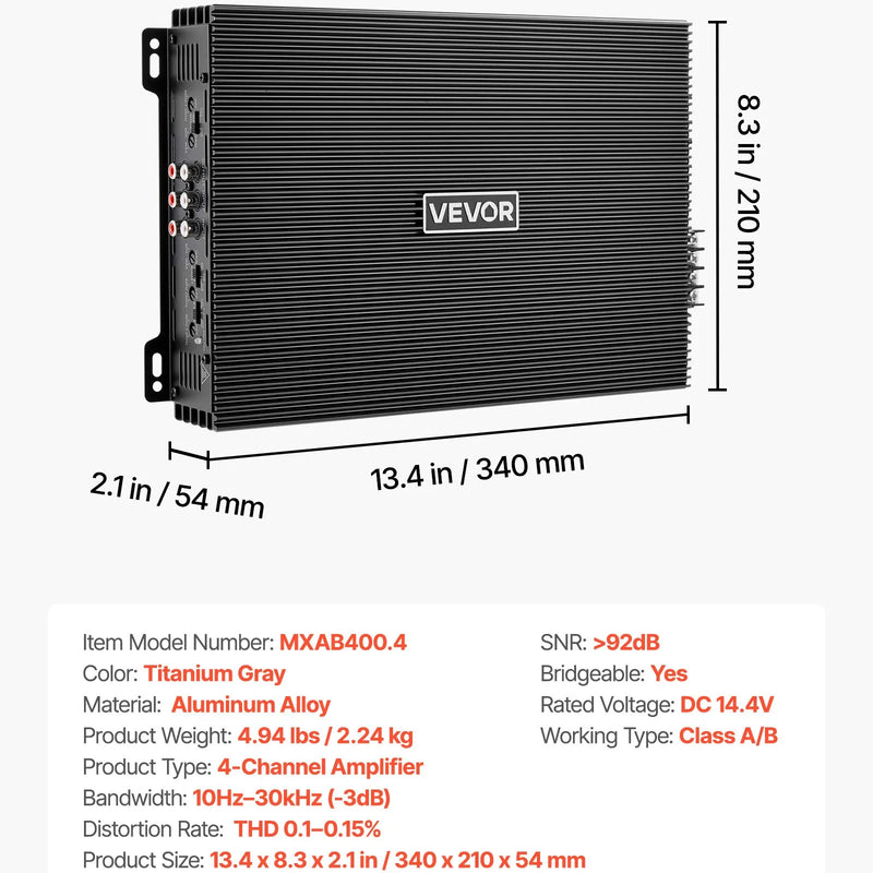 VEVOR automašīnas audio pastiprinātājs, 4 kanālu tiltojams auto pastiprinātājs, daudzkanālu Class AB stereo pastiprinātājs ar maksimālo jaudu 4 × 200 W pie 4 Ω / 4 × 400 W pie 2 Ω, augstas jaudas pastiprinātājs SUV, pikapiem un bezceļu transportlīdzekļiem - ZEMLETES.LV