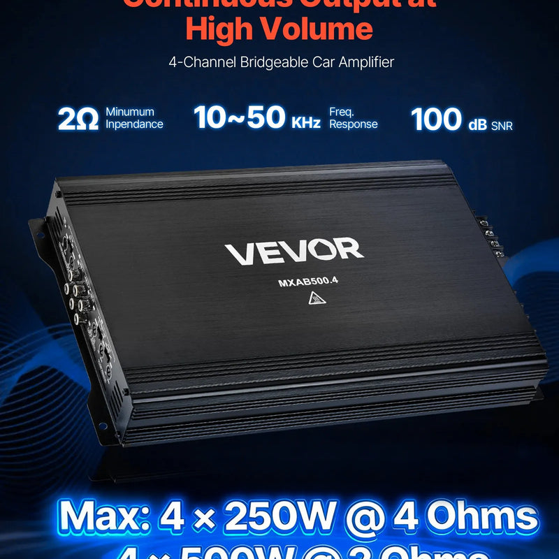 VEVOR automašīnas audio pastiprinātājs, 4 kanālu tiltojams auto pastiprinātājs, daudzkanālu Class AB stereo pastiprinātājs ar maksimālo jaudu 4 × 250 W pie 4 Ω / 4 × 500 W pie 2 Ω, augstas jaudas pastiprinātājs SUV, pikapiem un bezceļu transportlīdzekļiem - ZEMLETES.LV
