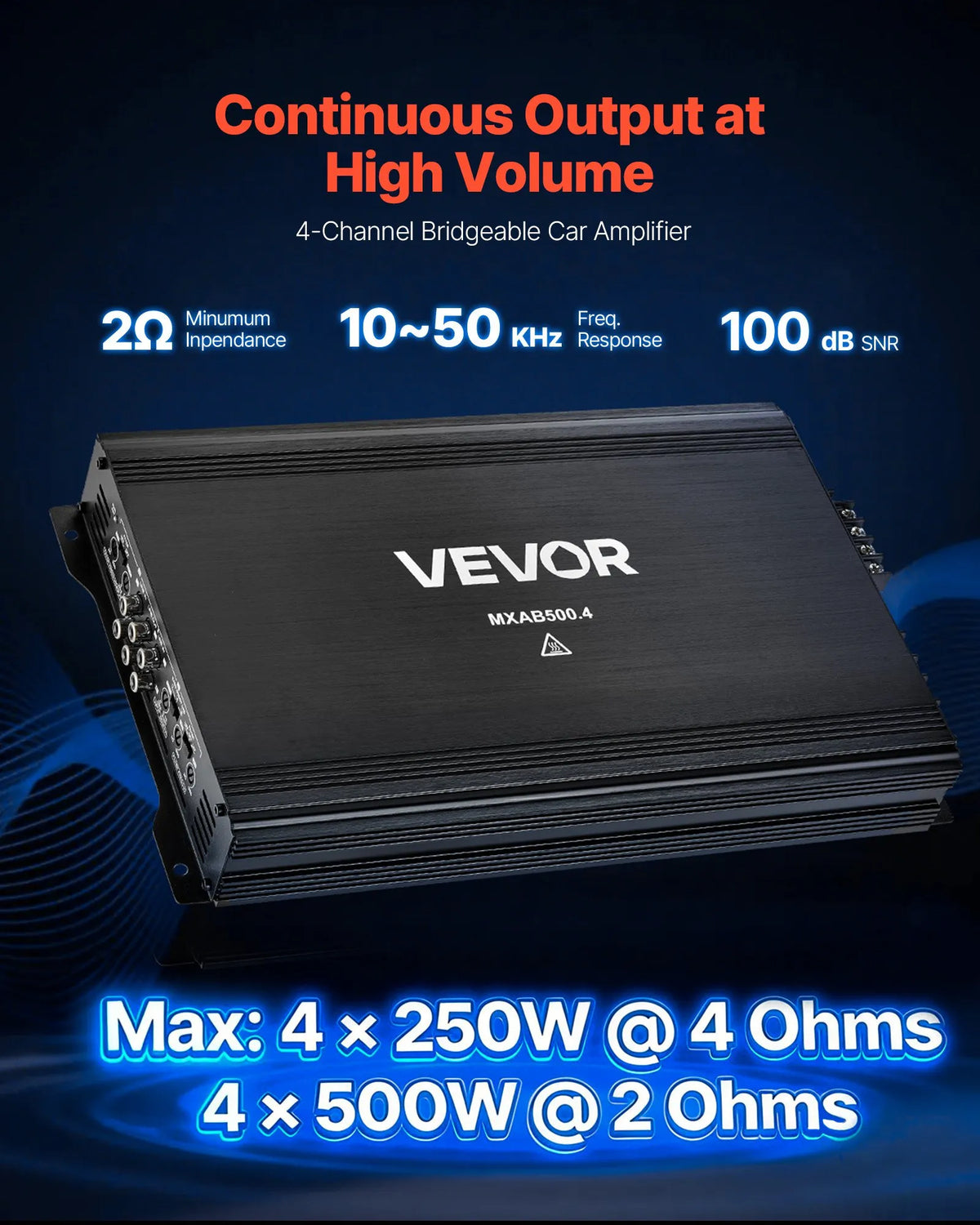 VEVOR automašīnas audio pastiprinātājs, 4 kanālu tiltojams auto pastiprinātājs, daudzkanālu Class AB stereo pastiprinātājs ar maksimālo jaudu 4 × 250 W pie 4 Ω / 4 × 500 W pie 2 Ω, augstas jaudas pastiprinātājs SUV, pikapiem un bezceļu transportlīdzekļiem - ZEMLETES.LV
