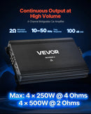 VEVOR automašīnas audio pastiprinātājs, 4 kanālu tiltojams auto pastiprinātājs, daudzkanālu Class AB stereo pastiprinātājs ar maksimālo jaudu 4 × 250 W pie 4 Ω / 4 × 500 W pie 2 Ω, augstas jaudas pastiprinātājs SUV, pikapiem un bezceļu transportlīdzekļiem - ZEMLETES.LV