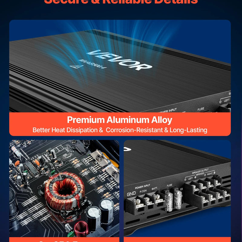VEVOR automašīnas audio pastiprinātājs, 4 kanālu tiltojams auto pastiprinātājs, daudzkanālu Class AB stereo pastiprinātājs ar maksimālo jaudu 4 × 250 W pie 4 Ω / 4 × 500 W pie 2 Ω, augstas jaudas pastiprinātājs SUV, pikapiem un bezceļu transportlīdzekļiem - ZEMLETES.LV