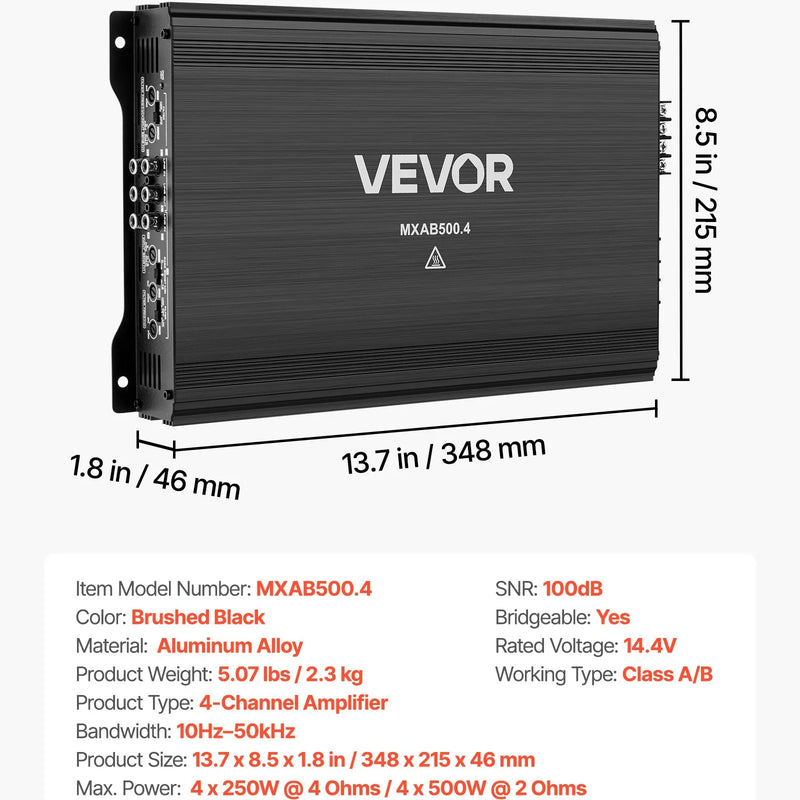 VEVOR automašīnas audio pastiprinātājs, 4 kanālu tiltojams auto pastiprinātājs, daudzkanālu Class AB stereo pastiprinātājs ar maksimālo jaudu 4 × 250 W pie 4 Ω / 4 × 500 W pie 2 Ω, augstas jaudas pastiprinātājs SUV, pikapiem un bezceļu transportlīdzekļiem - ZEMLETES.LV