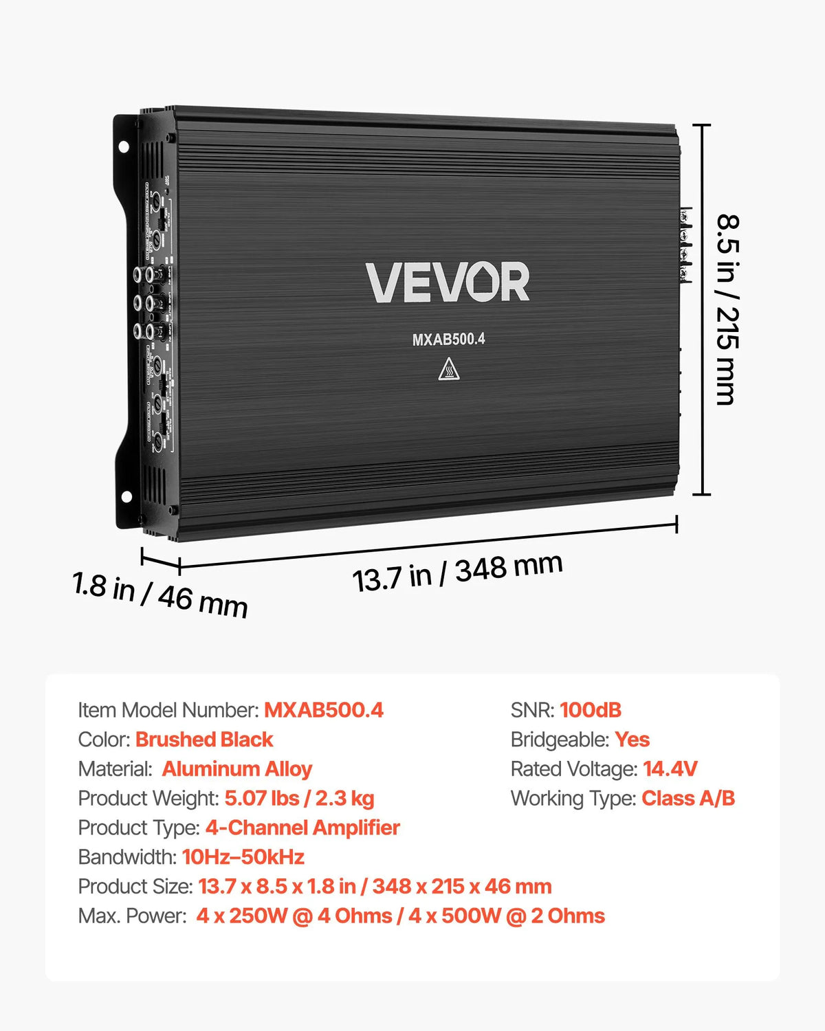 VEVOR automašīnas audio pastiprinātājs, 4 kanālu tiltojams auto pastiprinātājs, daudzkanālu Class AB stereo pastiprinātājs ar maksimālo jaudu 4 × 250 W pie 4 Ω / 4 × 500 W pie 2 Ω, augstas jaudas pastiprinātājs SUV, pikapiem un bezceļu transportlīdzekļiem - ZEMLETES.LV