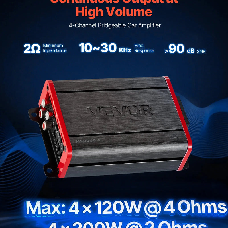 VEVOR automašīnas audio pastiprinātājs, 4 kanālu tiltojams auto pastiprinātājs, daudzkanālu Class D stereo pastiprinātājs ar maksimālo jaudu 4 × 120 W pie 4 Ω / 4 × 200 W pie 2 Ω, augstas jaudas pastiprinātājs SUV, pikapiem un bezceļu transportlīdzekļiem - ZEMLETES.LV
