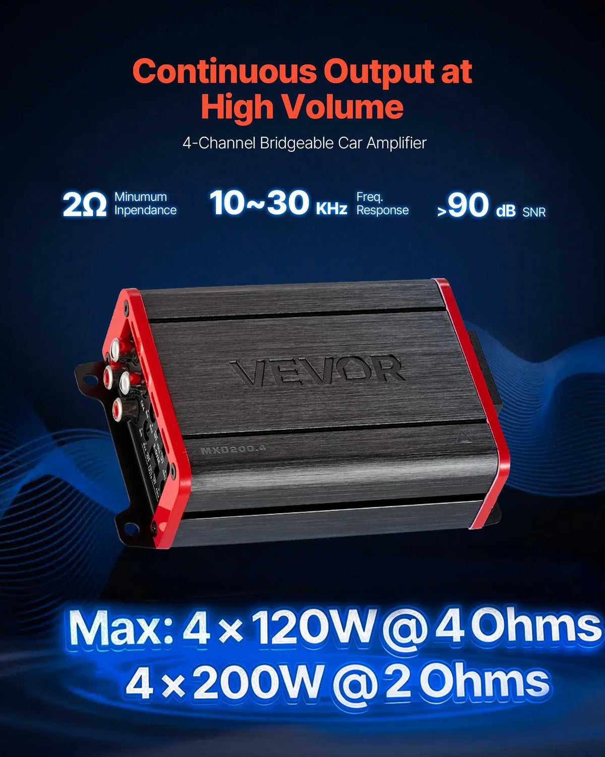 VEVOR automašīnas audio pastiprinātājs, 4 kanālu tiltojams auto pastiprinātājs, daudzkanālu Class D stereo pastiprinātājs ar maksimālo jaudu 4 × 120 W pie 4 Ω / 4 × 200 W pie 2 Ω, augstas jaudas pastiprinātājs SUV, pikapiem un bezceļu transportlīdzekļiem - ZEMLETES.LV
