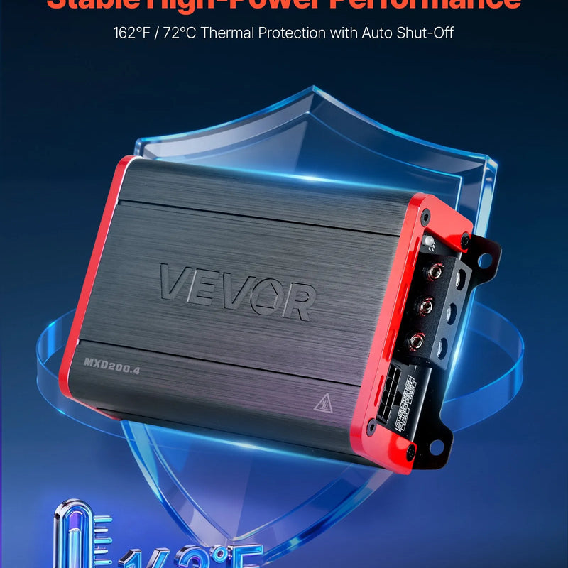 VEVOR automašīnas audio pastiprinātājs, 4 kanālu tiltojams auto pastiprinātājs, daudzkanālu Class D stereo pastiprinātājs ar maksimālo jaudu 4 × 120 W pie 4 Ω / 4 × 200 W pie 2 Ω, augstas jaudas pastiprinātājs SUV, pikapiem un bezceļu transportlīdzekļiem - ZEMLETES.LV