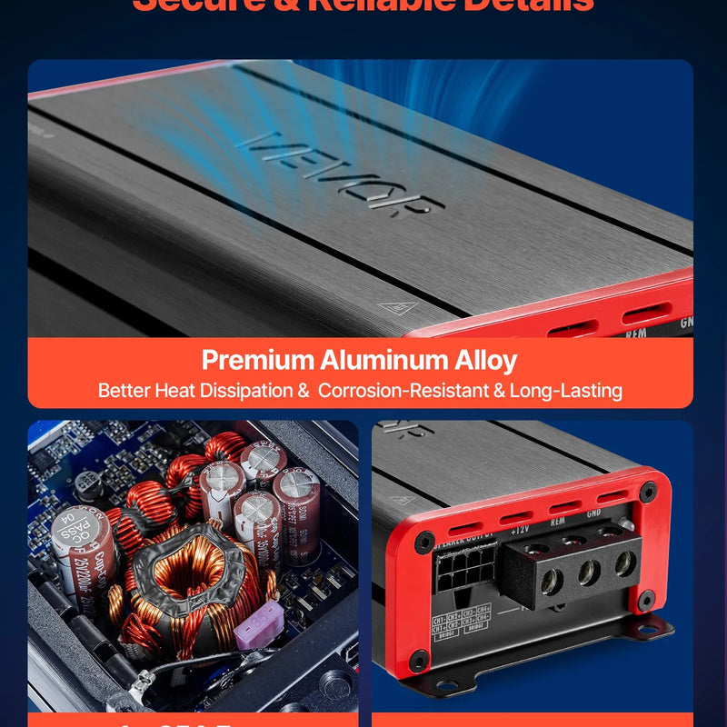 VEVOR automašīnas audio pastiprinātājs, 4 kanālu tiltojams auto pastiprinātājs, daudzkanālu Class D stereo pastiprinātājs ar maksimālo jaudu 4 × 120 W pie 4 Ω / 4 × 200 W pie 2 Ω, augstas jaudas pastiprinātājs SUV, pikapiem un bezceļu transportlīdzekļiem - ZEMLETES.LV