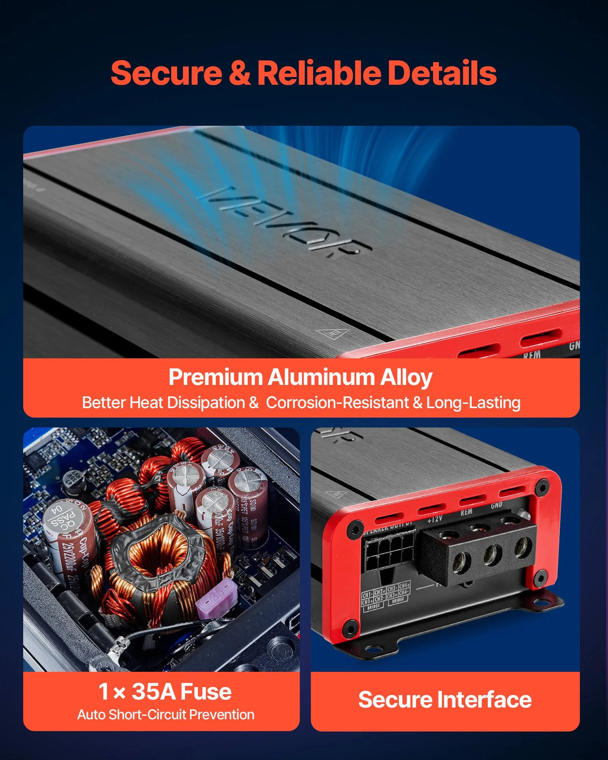VEVOR automašīnas audio pastiprinātājs, 4 kanālu tiltojams auto pastiprinātājs, daudzkanālu Class D stereo pastiprinātājs ar maksimālo jaudu 4 × 120 W pie 4 Ω / 4 × 200 W pie 2 Ω, augstas jaudas pastiprinātājs SUV, pikapiem un bezceļu transportlīdzekļiem - ZEMLETES.LV