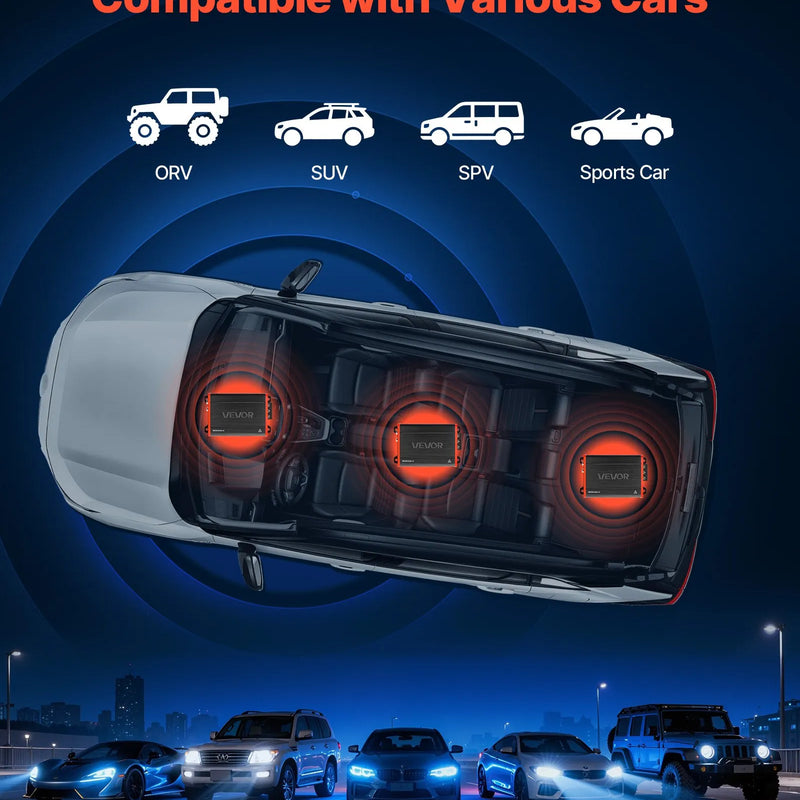 VEVOR automašīnas audio pastiprinātājs, 4 kanālu tiltojams auto pastiprinātājs, daudzkanālu Class D stereo pastiprinātājs ar maksimālo jaudu 4 × 120 W pie 4 Ω / 4 × 200 W pie 2 Ω, augstas jaudas pastiprinātājs SUV, pikapiem un bezceļu transportlīdzekļiem - ZEMLETES.LV